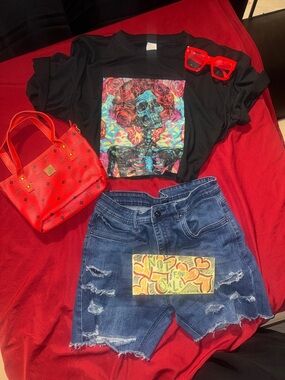 Black Graphic Skeleton Tee with Multicolor Skull Print*JEAN SHORTS NOT4 SALE